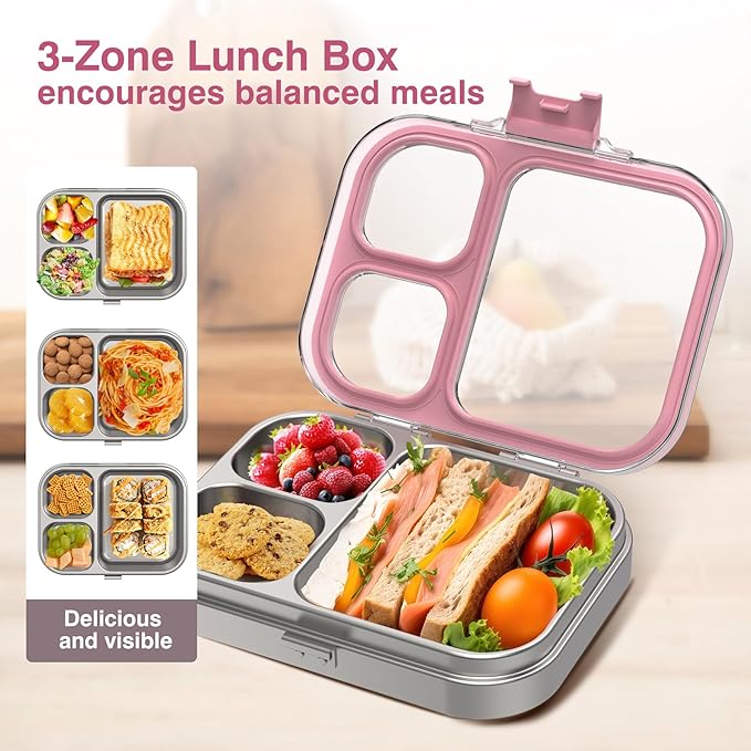 Stainless Steel Lunch Box, 3 Compartments Metal Bento Box for Kids Adults, Leak-Proof Lunch Box for School Office, Dishwasher Safe, BPA-Free, Tritan Lid, Pink