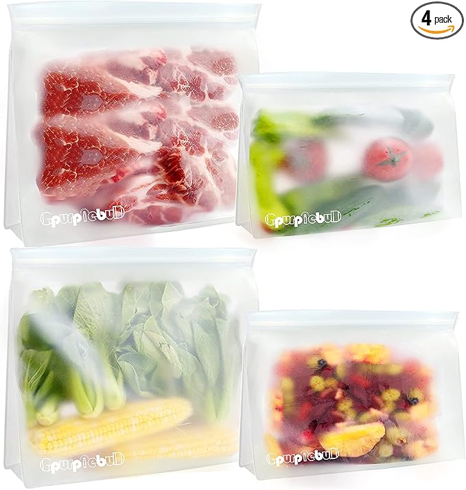 Reusable Freezer Bags, 4 Pack PEVA Material Reusable Storage Bags, Leak proof Reusable Bags Silicone, Plastic Free for Fruit, Marinate Meat, Cereal, Sandwich, Snack, Travel Items