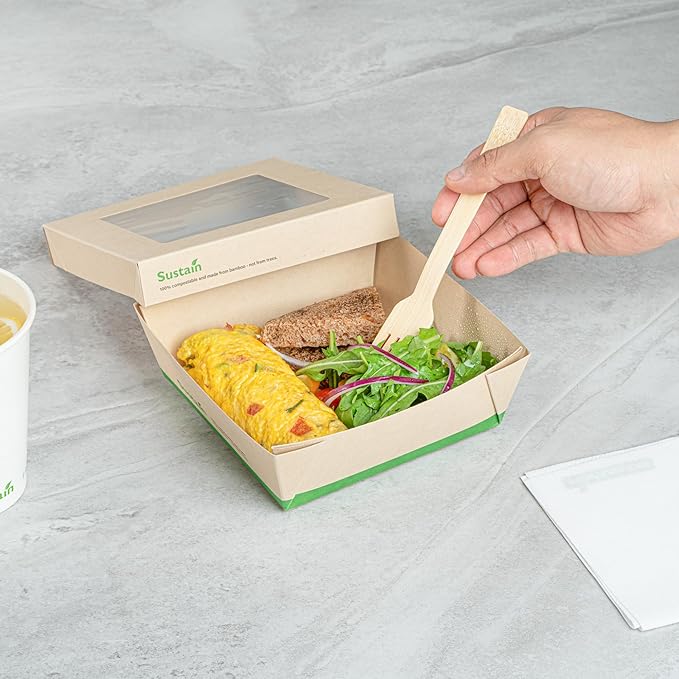 Restaurantware-34 Ounce Sturdy Paper Take Out Boxes, 200 Disposable Take Out Food Containers - With PLA lining, Paper Lid With Clear PLA Window, Bamboo Paper Containers, Compostable, Greaseproof