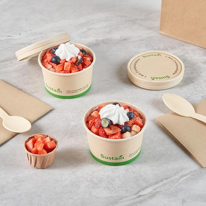 Restaurantware-Sustain 5 Ounce Paper Soup Containers, 50 Disposable Ice Cream Cups - Lids Sold Separately, With PLA lining, Bamboo To Go Hot Soup Bowls, Compostable, Greaseproof