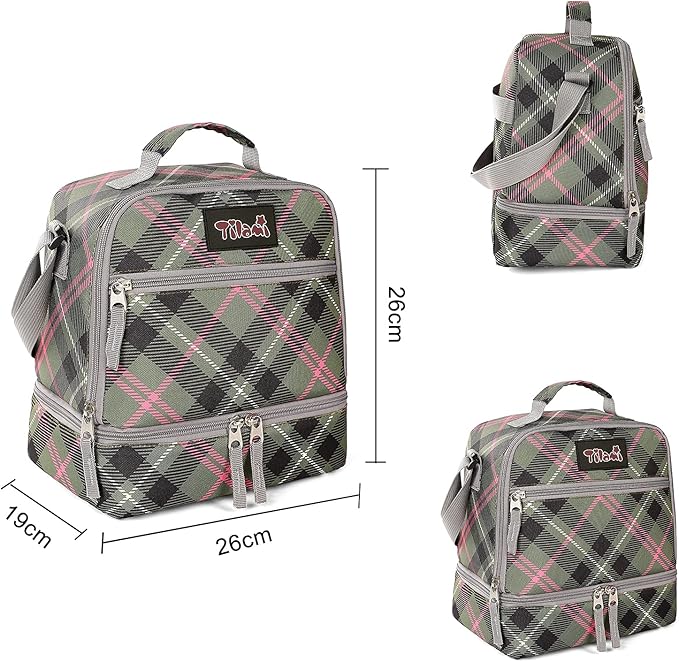 Tilami Lunch Bags Insulated Adjustable Strap Zipper, Water-Resistant Cooler Bags, Bento Bags for Kids Toddlers, Pink Plaid