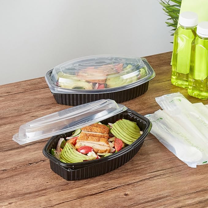 Restaurantware RW Base 28 Ounce Meal Prep Containers, 100 Microwavable To Go Containers With Lids - Disposable, Freezable, Black Plastic Oval Food Containers, Pack Hot And Cold Food, For Takeaway