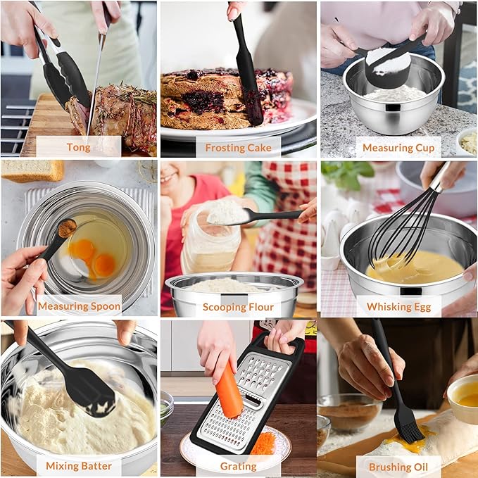 E-far 22-Piece Mixing Bowls with Black Lids & Accessories Set, Stainless Steel Nesting Bowls with Covers & Non-Slip Bottoms, Metal Bowls for Cooking/Baking/Serving/Storage - Size 7/3.5/2.5/1.5/1 QT