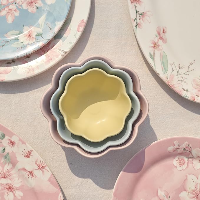 Bico Flower Shaped Ceramic Handcrafted Mixing Bowl Set of 3, Microwave & Dishwasher Safe, for Baking, Cooking, Food Prep