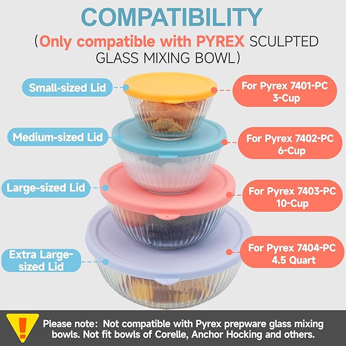 1 Pack Silicone Replacement Lids Only Fit for Pyrex 7404-S 4.5 Quart Sculpted Clear & Sculpted Tinted Glass Mixing Bowls, Extra Large Size Silicone Covers, Dishwasher & Microwave Safe