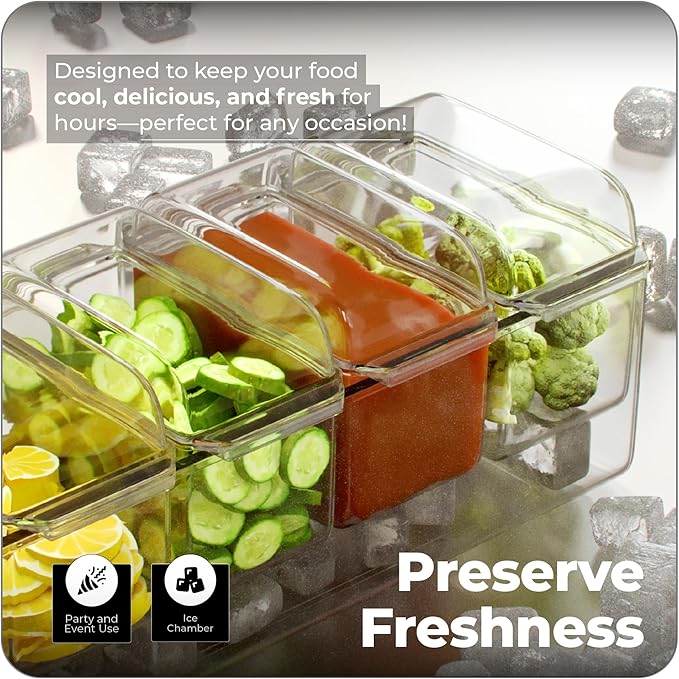 Prime Home Direct Ice Chilled Condiment Caddy | 5 Containers & 5 Lids | BPA Free | Hosting Party Supplies Serving Tray Platter | Buffet, Food Server, Fruit, Garnish, Mimosa, Salad, Taco Bar Organizer