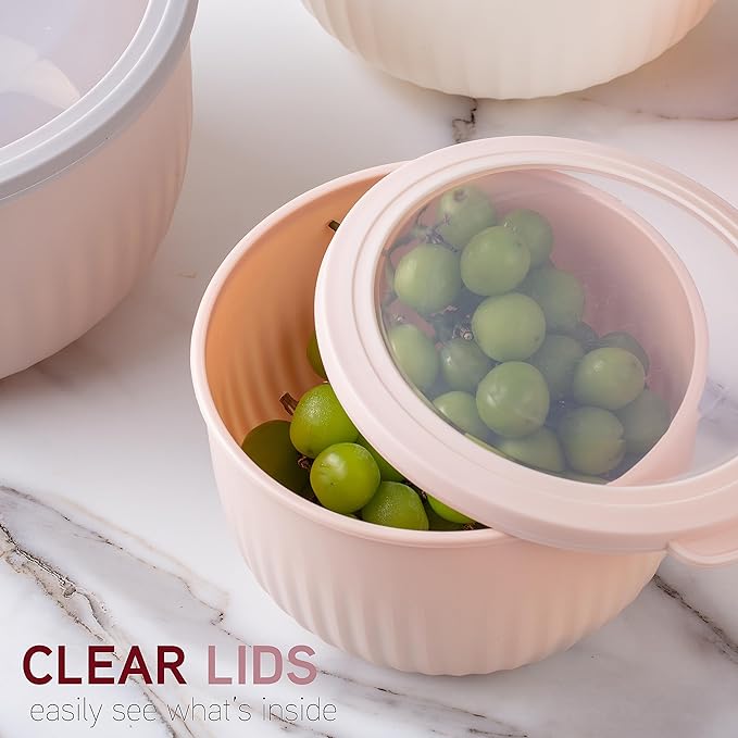 COOK WITH COLOR Prep Bowls with Lids- Wide and Deep Nesting Plastic Small Mixing Bowl Set with Lids, 12 Piece Set - Deep Bowls, Grey/Pink