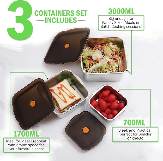 Stainless Steel Food Storage Containers With Lids | Snack Containers for Kids, Freezer Safe, Microwave Safe | 304 Metal Containers For Meal Prep, Leftovers, Freezer - Set of 3 (24oz, 57oz, 100oz)