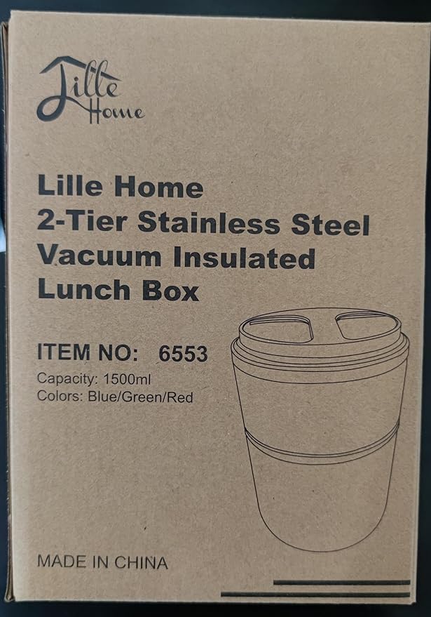 Lille Home 1500ml Thermos Food Flask, Vacuum Insulated Stackable Stainless Steel Thermal Lunch/Snack Box, 2-Tier Bento/Food Container with Lunch Bag (Red)