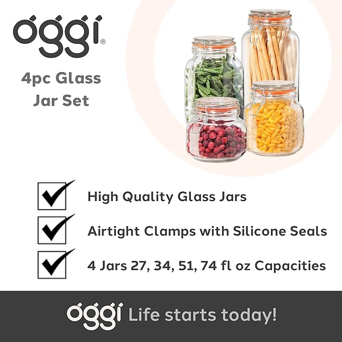 OGGI 4 Piece Airtight Glass Storage Containers Set - Includes 4 Glass Kitchen Canisters with Clamp Lids & Silicone Seals - Farmhouse Kitchen Décor, Kitchen Storage, Pantry Storage, Food Storage