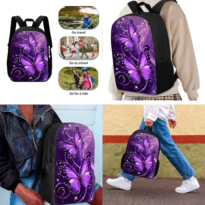 Dolyues Purple Butterflies Girls Backpack Set: 17 Inch School Backpack with Reflective Stripes, Thermal Lunch Tote & Glitter Pencil Case - Safety & Style Combined
