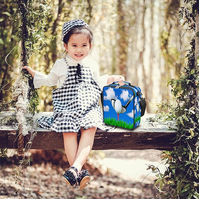 Kids Lunch Box Golf Ball Print Insulated Lunch Bag Tote for Girls Boys, Cooler Freezable Meal Prep Bag with Shoulder Strap Waterproof Lunch Container for School Office Picnic