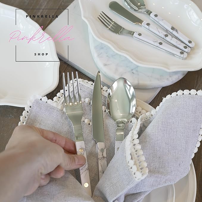 6-Piece Stainless Steel Flatware Silverware Cutlery Set - Color Handle with Rivet/Retro Style - Includes Dinner Knife; Dinner Fork; Salad Fork; Soup Spoon; Teaspoon; Spreader (MARBLE)
