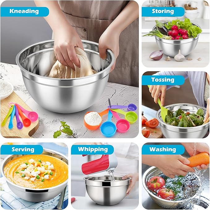 TeamFar Mixing Bowls with Lids Set of 7, Stainless Steel Nesting Mixing Bowls Set with 16 PCS Kitchen Utensils for Prepping Mixing Serving, 7, 4.5, 3, 2.5, 1.5, 1.2, 0.7 QT, Colorful