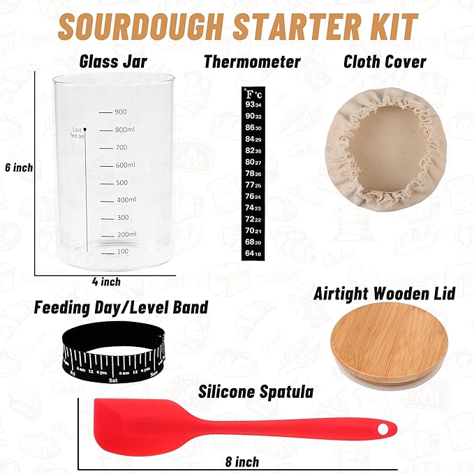 Pro Sourdough Starter Jar Kit- 35 Oz Large Sourdough Starter Glass Jar with Date Marked Feeding Band,Thermometer,Spatula,Cloth Cover& Lid for Sour Dough Bread Loaf
