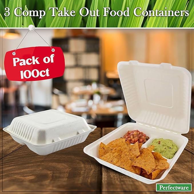 100% Compostable 3 Comp Take Out Food Containers 9x9x 3. 100 Containers, Natural Disposable Bagasse, Eco-Friendly Biodegradable Made of Sugar Cane