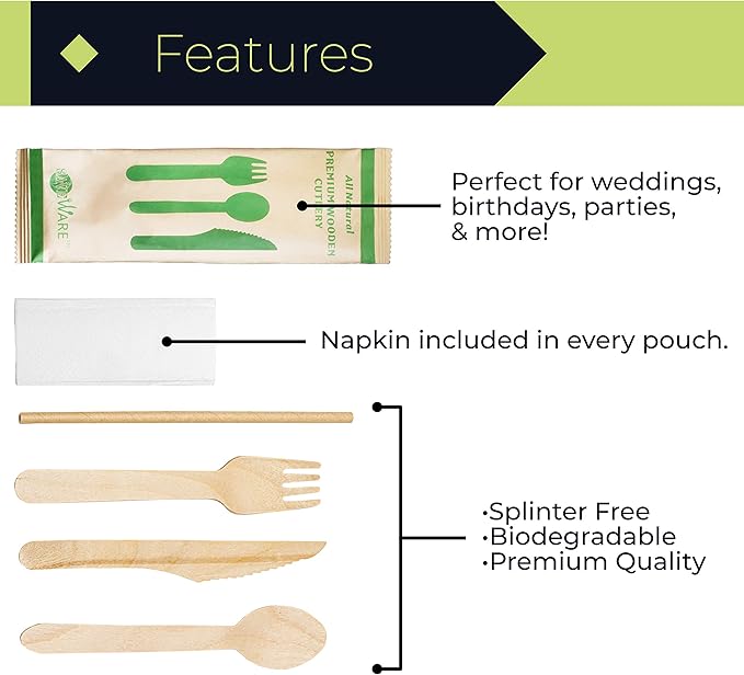 Disposable Wooden Cutlery Set – 50 Set Combo Pack Camping Utensils (Fork, Knife, Spoon, Paper Straw and Napkin) Compostable Birch Wood Bio Degradable Alternative to Plastic Spoons for Camping Picnic