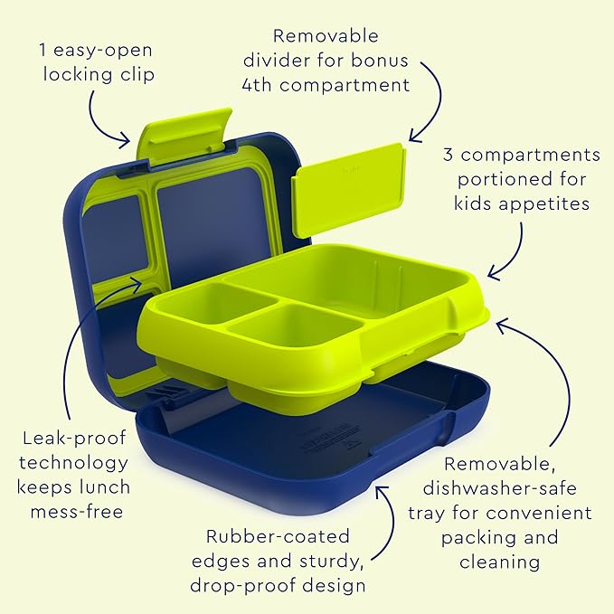 Bentgo Pop - Leak-Proof Lunch Box & Removable Divider for Ages 8+ & Teens - Lunch Container Holds 5 Cups of Food; 3-4 Compartments; Microwave/Dishwasher Safe; 2 Year Warranty (Navy Blue/Chartreuse)
