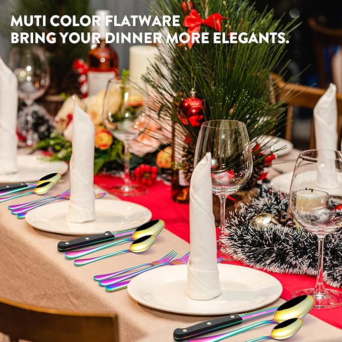 Rainbow Silverware with Organizer, 48 pcs Colorful Flatware for 8, Sleek Cutlery with Tray, Stainless Steel Utensil, Iridescent Fork Spoon Knife for Home & Kitchen Restaurant