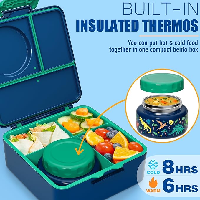 Fimibuke Bento Box for Kids Adult - Leakproof 3-4 Compartments Lunch Bento Box Set with Insulated Thermos Food Jar, Water Bottle, Lunch Bag, Sauce Cup & Cutlery for Toddler Teen Shcool Girl Boy Age 3+