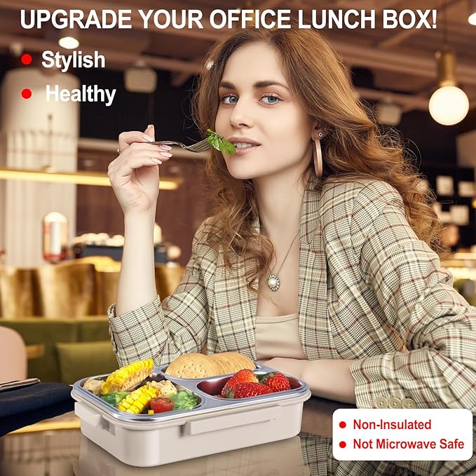 Stainless Steel Lunch Box for Kids & Adults - 25 oz - Leakproof 3 Compartment Metal Lunch Container - 18/8 Stainless Steel Bento Box - Ideal for School, Office & Outdoor - Dishwasher Safe (Cream)