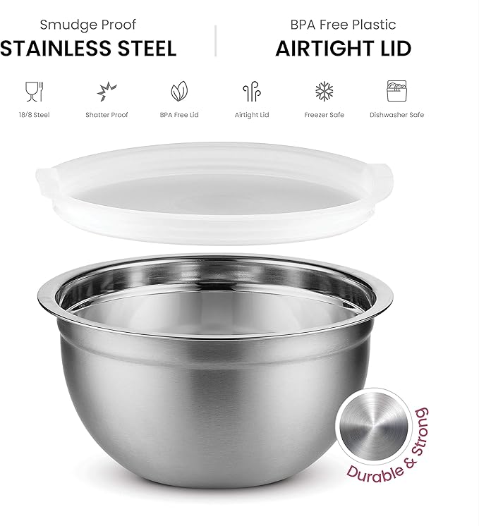 FineDine Stainless Steel Mixing Bowls Set with Lids, Home Kitchen Cooking Essentials Household Must Haves for Baking, 5 Pieces