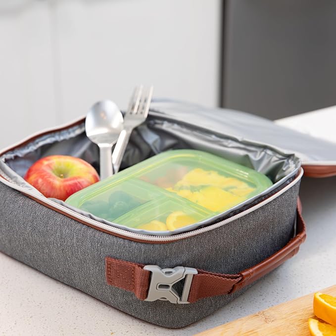 Bumkins Snack/Lunch Bento Box for Kids and Adults, 3 Compartment Container, Leak Proof Lid, for Portioning, Large Section Can Hold Sandwich, Food-Safe LFGB Platinum Silicone, Microwave-Safe, Green