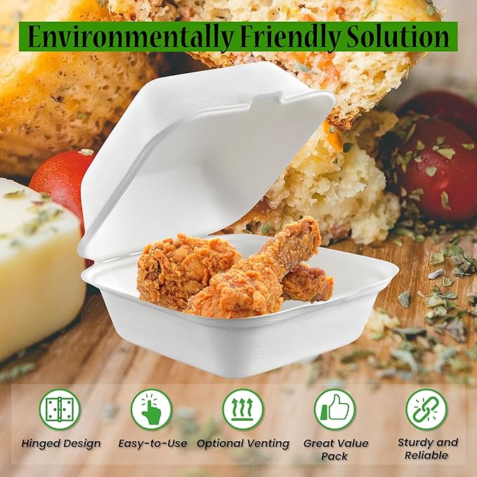100% Compostable Clamshell Single Compartment Take Out Food Containers 6x6". 25 Containers, Natural Disposable Bagasse, Eco-Friendly Biodegradable Made of Sugar Cane-Package of 25ct