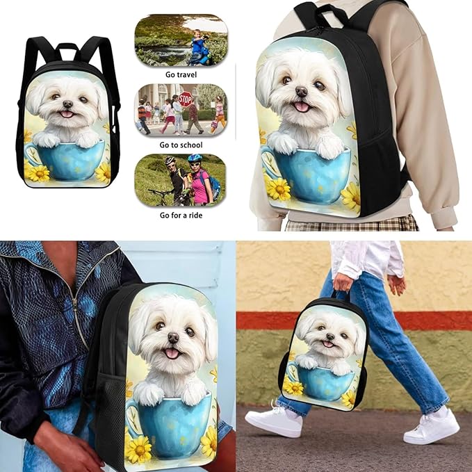 Dolyues Sunflower White Dog Girls BackpackSet: 17 Inch School Bag with Name Tag, Coordinating Lunch Box Bag & Butterfly Pencil Case - Perfect for Birthday & Back-to-School