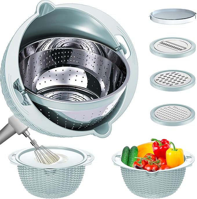 4 in 1 Colander with Mixing Bowl Set, Colander for Kitchen, Strainers and Colanders, Pasta Strainer, Rice Washer, Fruit Cleaner, Veggie Wash, Aesthetic Kitchen Essentials - Blue