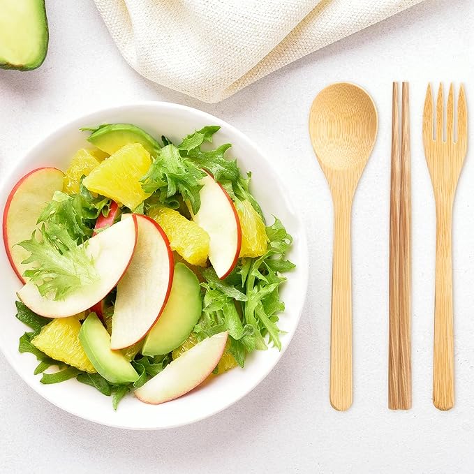 4 Sets Bamboo Utensil Travel Cutlery Set, Reusable Bamboo Utensil Fork Knife Spoon Chopsticks Straw Cleaning Brush for Eating Travel Picnic Office School (Vintage Style)