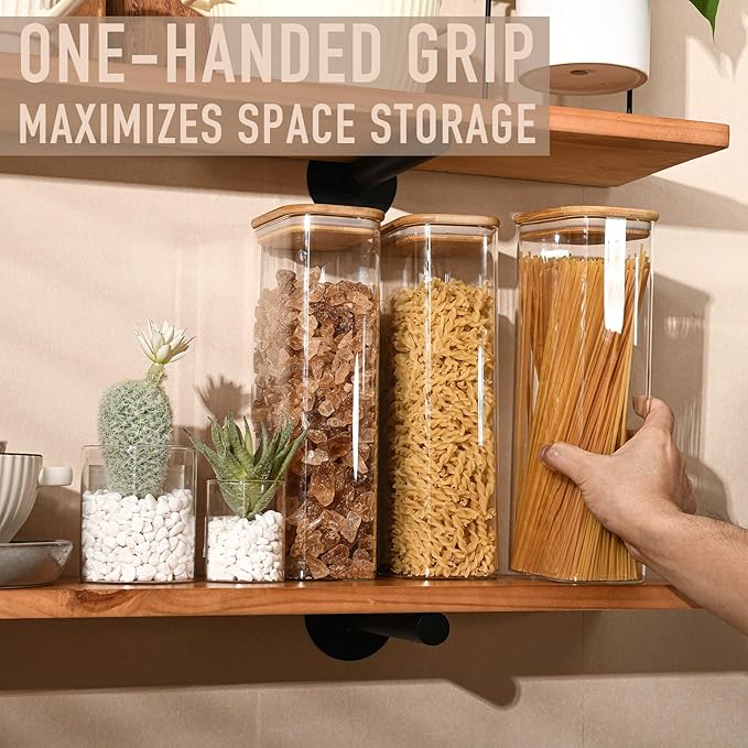 71oz Rectangle Airtight Glass Storage Containers with Bamboo Lids (Set of 4), Square Food Storage Jar, Pantry Organizers for Sugar, Flour, Spaghetti and Coffee beans (with Black Lable)