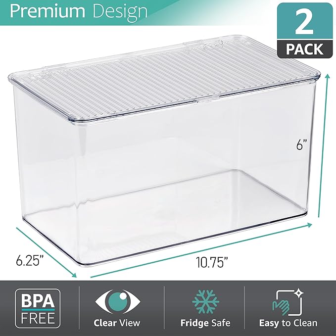 Sorbus Durable Plastic Storage Bins with Lids- Stackable Refrigerator Organizer Bins- MultiPurpose & Versatile- Lightweight Pantry Organizer- Perfect Cabinet Organizers and Storage for Kitchen- 2 Pack