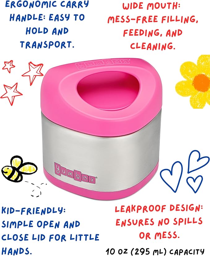 Yumbox Cubi Triple Insulated Stainless Steel Thermal Jar for Hot & Cold Lunches, Kids Size, Easy Open and Carry Handle, Unique Rounded Square Jar and Non-Slip design (Hot Pink)