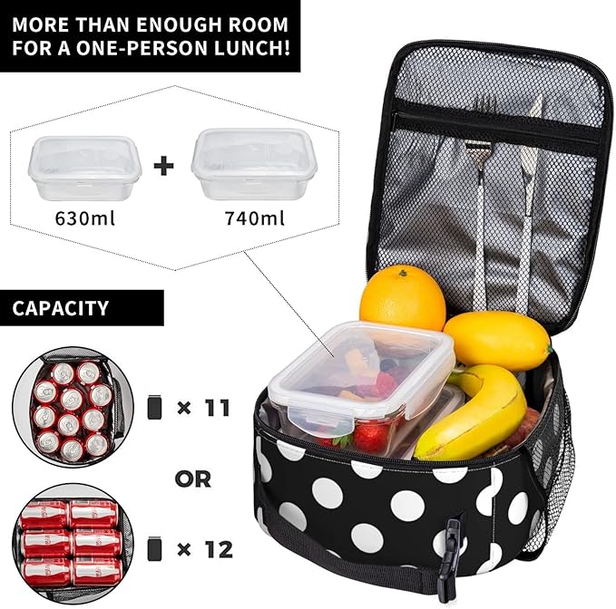 YETTA YANG Polka Dot Black And White Portable Lunch Bag Insulated Lunch Box Reusable Totes For Women Men Work Picnic Camping