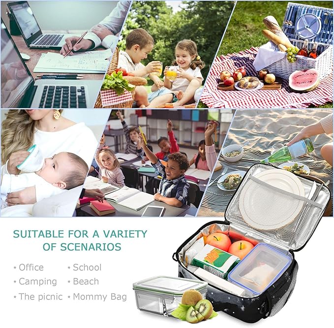 MNSRUU Student Lunch Bag Black Cat Insulated DinnerTotes Picnic Bag Lunch Box with Adjustable Shoulder Strap for Teen Kids Adults