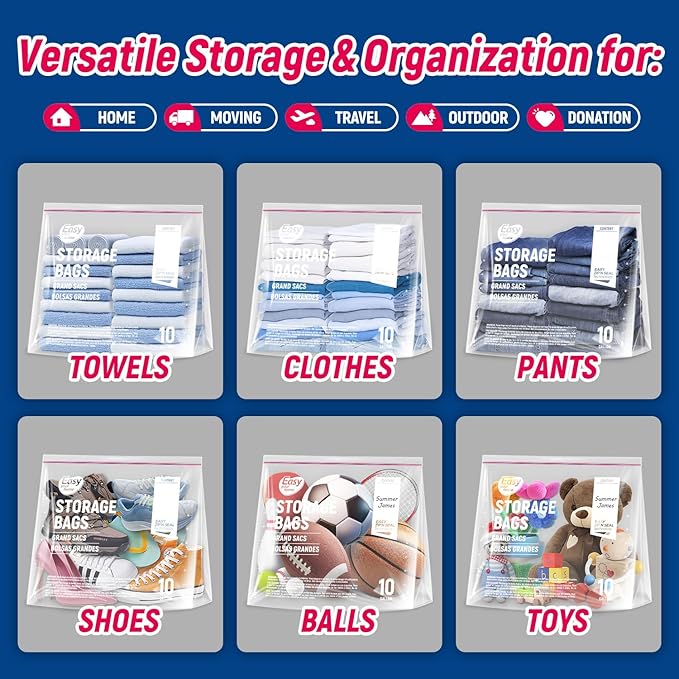 10 Gallon Jumbo Zipper Lock Storage Bags,24" x 20.5"+7",Reusable XL Size Plastic Bag with Zip Top and Bottom for Food,Clothing,Travel,Moving,BPA-Free,3-Mil Thick
