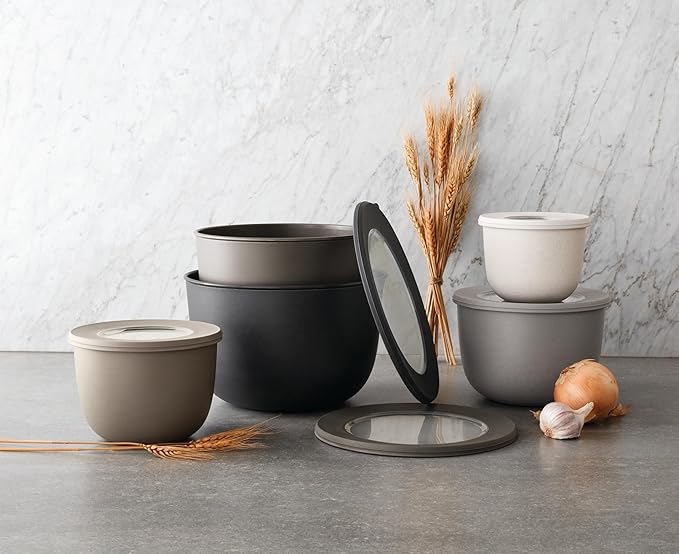 10-Piece Wheat Straw Mixing Bowl Set With Lids, Microwaveable, 5 Bowls and 5 Lids - Grey