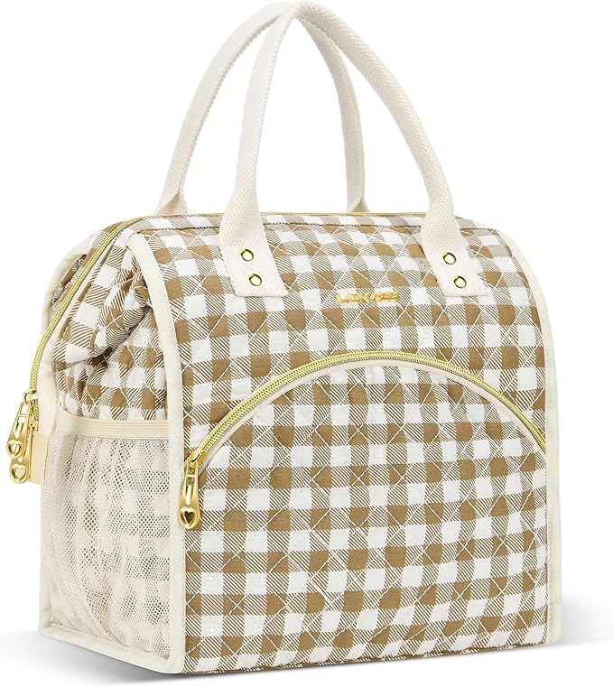 LOKASS Insulated Lunch Bag Women- Reusable 10 L Lunch Box for Women - Leakproof Tote Cooler Bag for Adults Work, Beach, Travel, Picnic (Brown&White Diamond Grid)