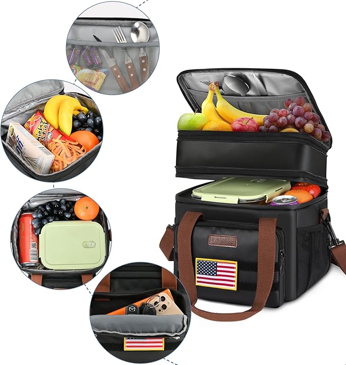 LOKASS Lunch Box for Men,16L Double Deck Expandable Insulated Lunch Bag for Women/Adults Thermal Large Waterproof Leakproof Lunchbox for Work with Shoulder Strap for Work, Camping, Picnic - Black