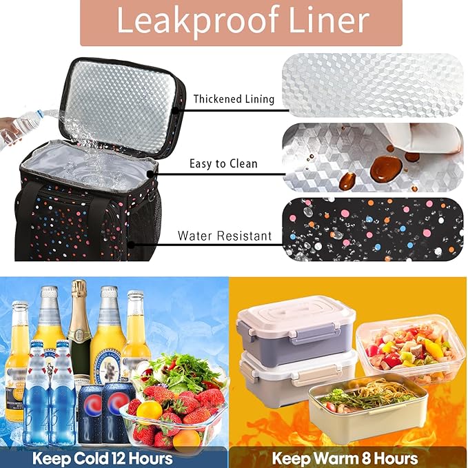 GLENKEY Expandable Insulated Lunch Box, Double Deck Lightweight Large Lunch Bag Tote Leakproof Cooler Bags for Women Adults Work Outdoor Picnic Daytrip, Polka Dots, 16L