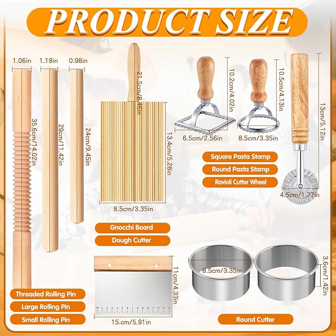 Pasta Making Tools, 10 Pcs Wood Pasta Making Kit with 3 Rolling Pins, 1 Gnocchi Board, 1 Dough Cutter, 1 Ravioli Cutter, 2 Pasta Stamps, 2 Round Cutter, Ravioli Pasta Cutter Set for Pasta Maker