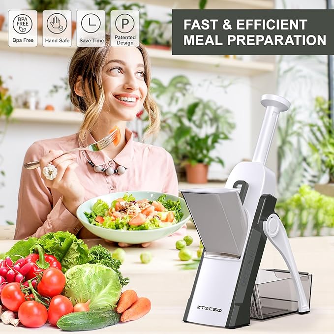 5 in 1 Safe Mandoline Slicer for Kitchen, Safe Vegetable Chopper with Paring Knife, Adjustable Thickness, Easy to Clean, Vegetable Slicer, Slicing, Strips, Shredding, Dicing, Chop (GreenBlack)