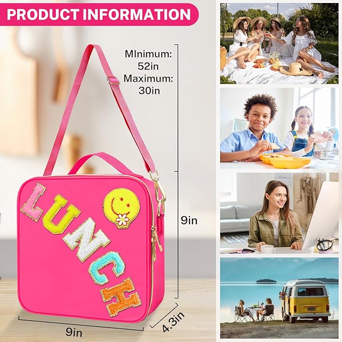 Lunch Box for Girls Women, Preppy Lunch Box for Teen Girls, Insulated Girls Lunch Bag for Kids, Large Reusable Cute Cooler Bag with Adjustable Shoulder Straps,Perfect for School Travel Picnic(Pink)
