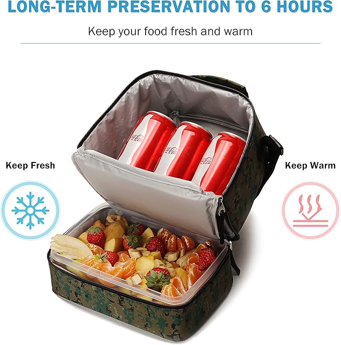 Tilami Lunch Bags Insulated Adjustable Strap Zipper, Two Compartments Cooler Bags, Bento Bags for Kids Toddlers (Camouflage)