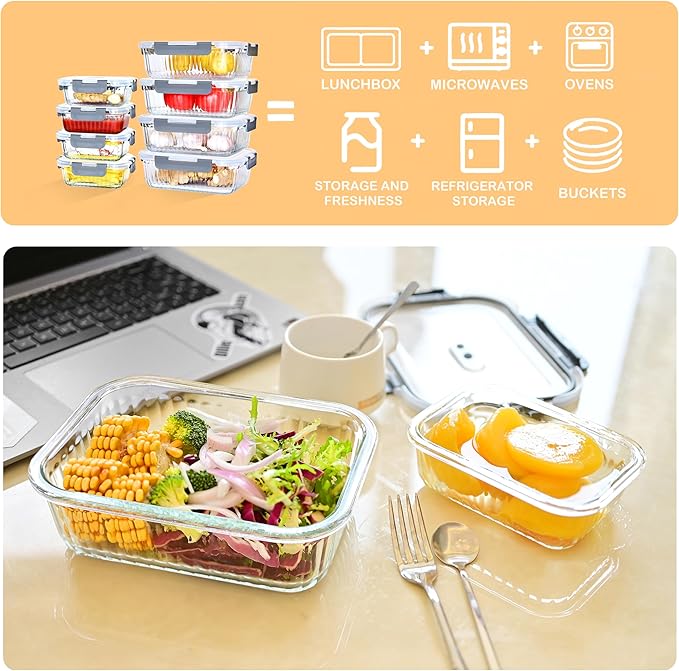 16 Piece Glass Storage Containers With Lids - 12.5+35.1 OZ Black Rectangles for Meal Prep, Microwaveable, Frozen Storage