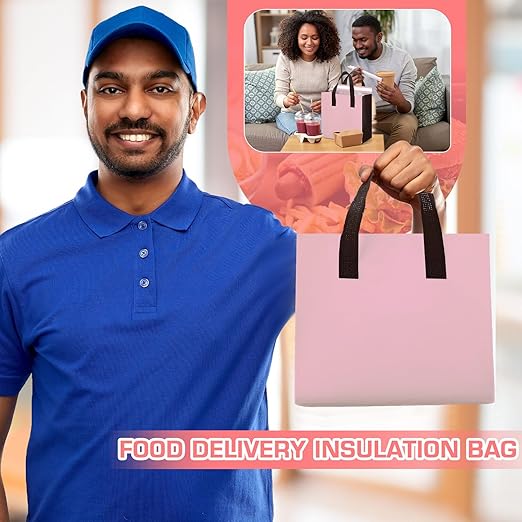 Kacctyen 100 Pcs Insulated Take Out Bags Bulk 9.5 x 6 x 9.5 in Thermal Insulation Food Bag for Coffee, Milk Tea, Hot Cold Food, Delivery Cooler Bag for Catering Restaurant Grocery Picnic(Pink)