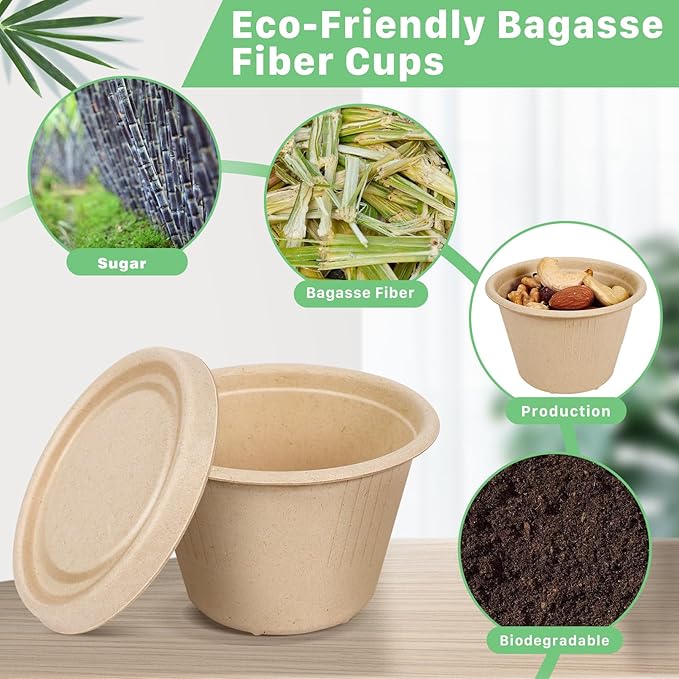 100Pack 4 oz Bagasse Fiber Condiment Cups with Lids,Bagasse Fiber Souffle Cups,Compostable Portion Cups,Biodegradable Sample Cups for Snack Salad Dressing Ketchup