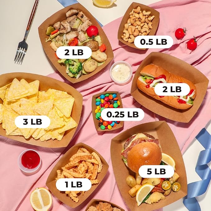 Fit Meal Prep [250 Pack 2 lb Paper Food Boats Heavy Duty Disposable Food Trays, Kraft Brown Nacho Tray for Parties Fairs Picnics Carnivals Holds Tacos Nachos Fries Hot Dogs Grease Resistant