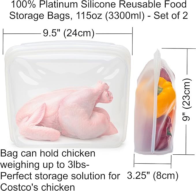 Elkanah Extra Large 116fl oz Silicone Bags Reusable Freezer Bags Silicone Gallon Bag Food Storage Bag Food Bags Sous Vide, Microwave, Oven & Dishwasher safe